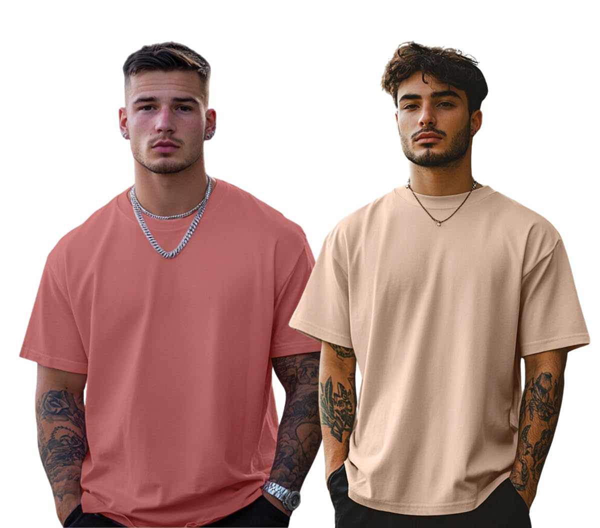 Veirdo Mens Oversized Baggy Fit Drop Shoulder Short Sleeve Round Neck Solid Cotton T-Shirt