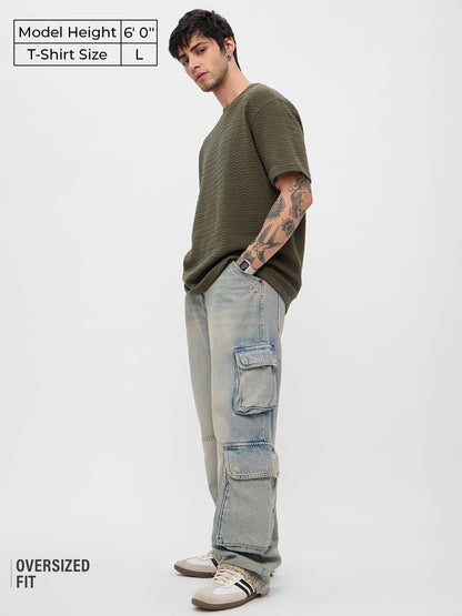 The Souled Store Textured T-Shirt: Olive Men and Boys Short Sleeves Round Neck Solid Cotton Blend Oversized T-Shirts