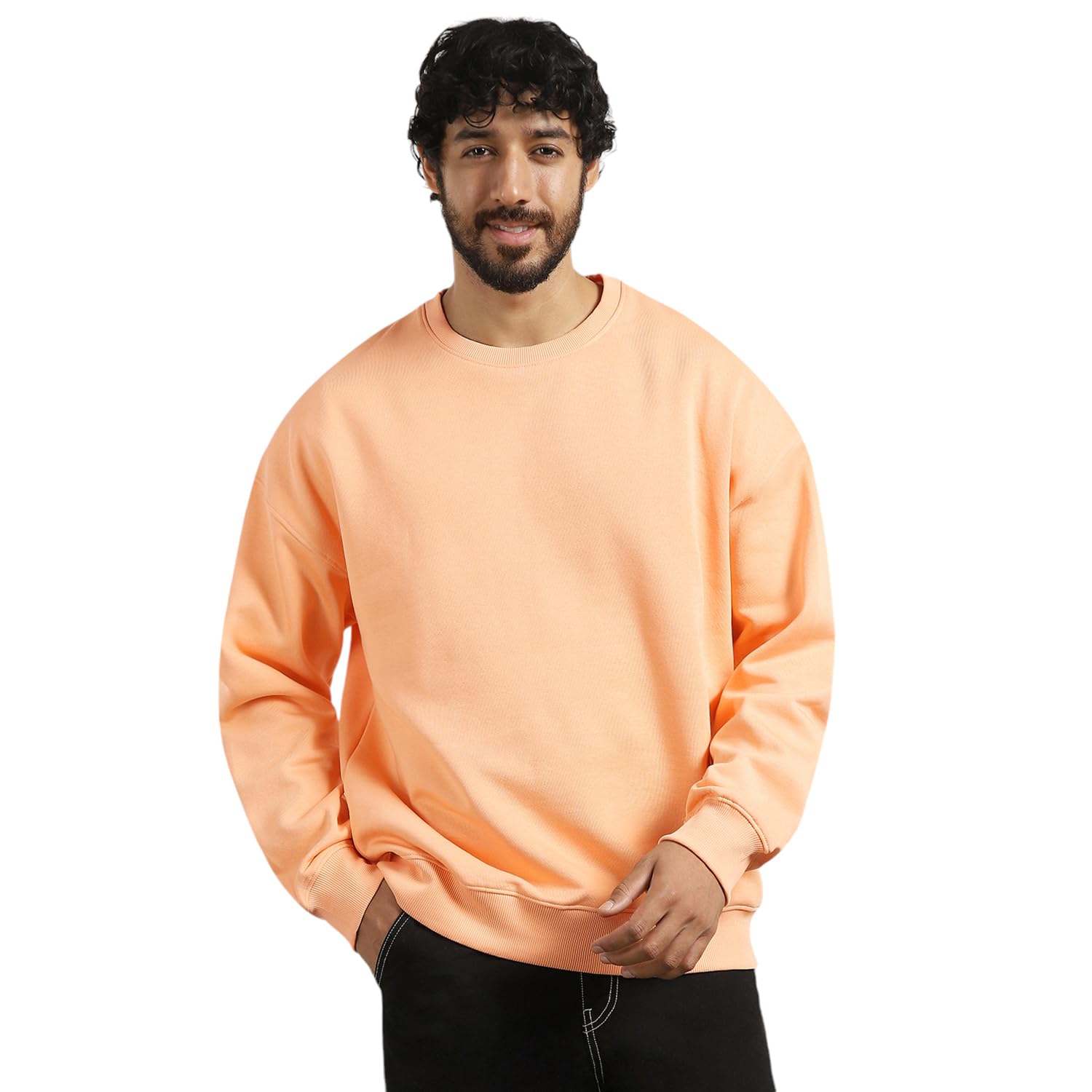 Nobero MenS Cotton Blend Crew Neck Sweatshirt (1M-Twss-R0005_Peach Fuzz