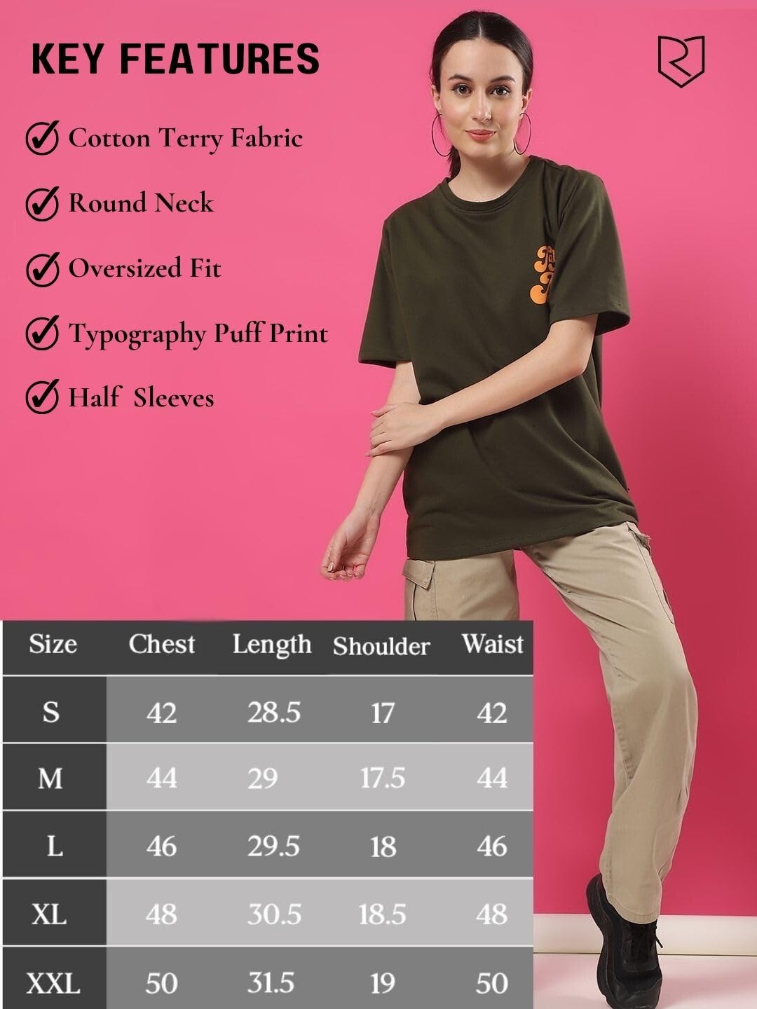 Rigo Terry Printed Oversized T-Shirt for Women | Drop Shoulder, Half Sleeves T-Shirt for Women | Oversized Baggy Fit T-Shirt for