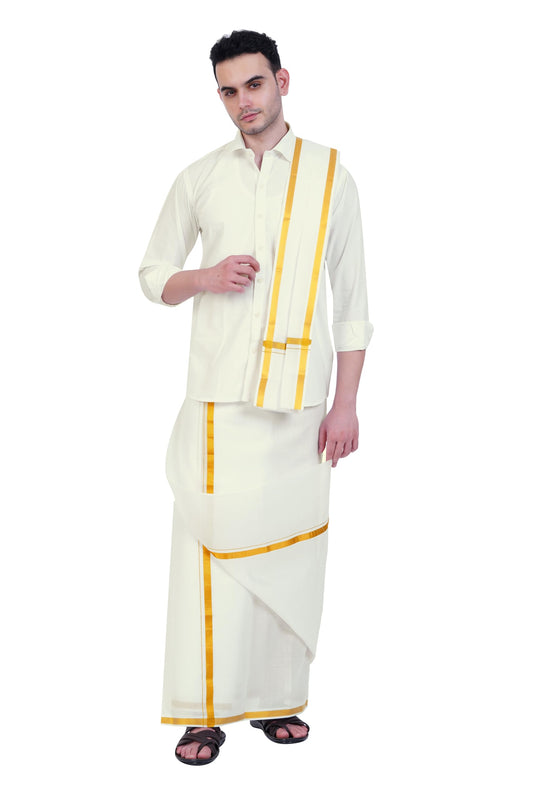 Prakasam Cotton Mens Cotton Wedding Set- A Pure Cotton Full Sleeve White Shirt + A Pure Cotton 8 Yard Dhoti (1.28X3.70 Mtrs) + S