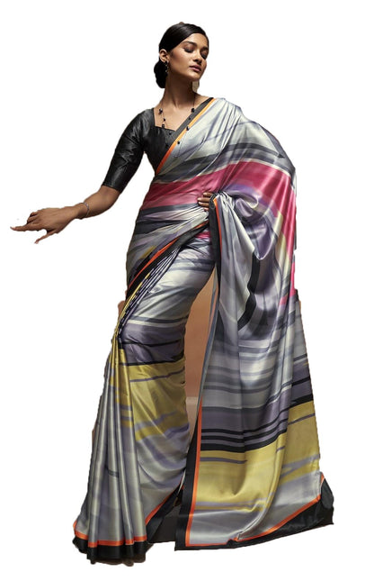 Pujia Mills Woman Digital Floral Print Satin Silk Saree Indian Ethnic Wear Simple Printed Saree With Unstitch Blouse Regular Pri