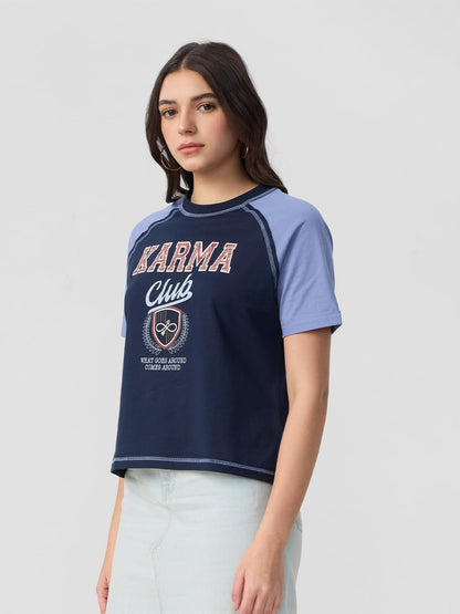 The Souled Store Karma Club Women and Girls Short Sleeves Round Neck Blue Graphic Printed Cotton Relaxed Fit T-Shirts