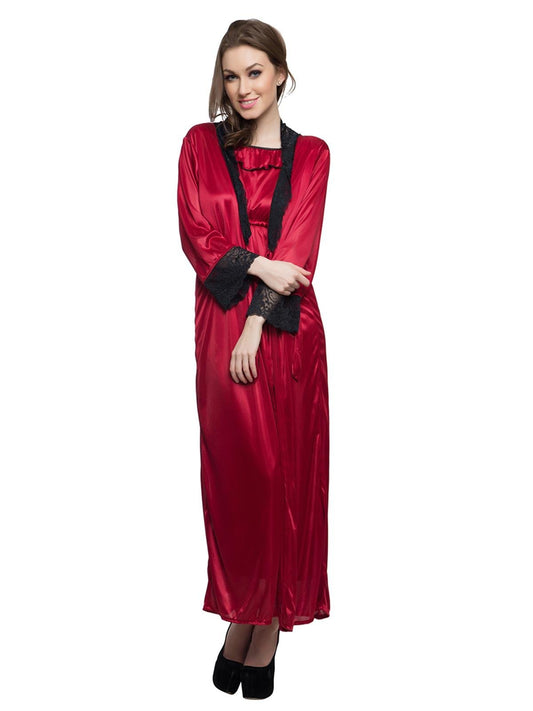 Clovia Womens 2 Pcs Satin Long Robe & Nighty Set (NSM295P09_Maroon_Free Size)