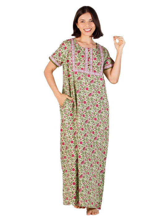 Evolove Womens Cotton Long Maxi Night Gown Nighty Dress with Pocket & Stylish Button, Super Soft Comfortable (Forest Green, LNG