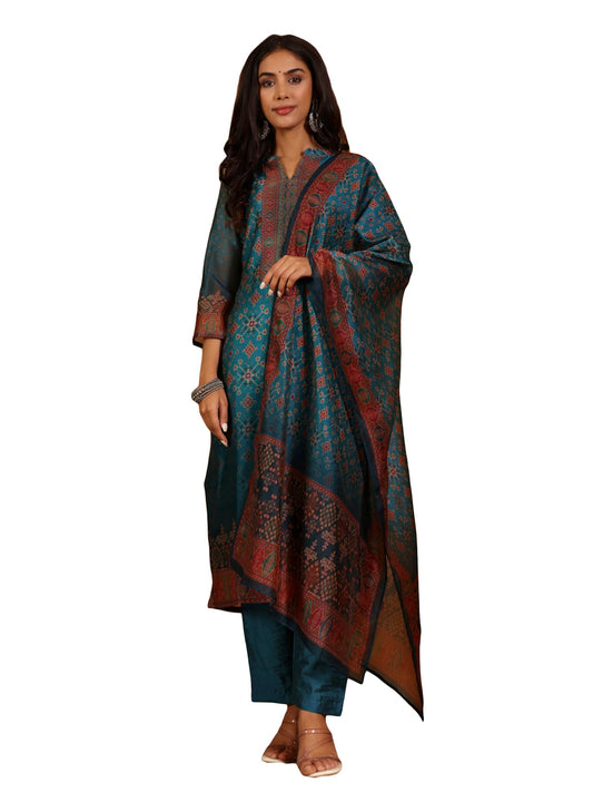 Varanga Ethnic Patola Printed,Straight Kurta With Solid Bottom And Printed Dupatta Teal