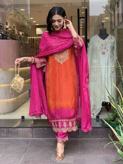 Toochki Dress for Women | A Line Maxi Dresses | Three Piece | Embroidered Flared | Chinon Bandhani Printed | with Pant and Dupatta | Long | Orange