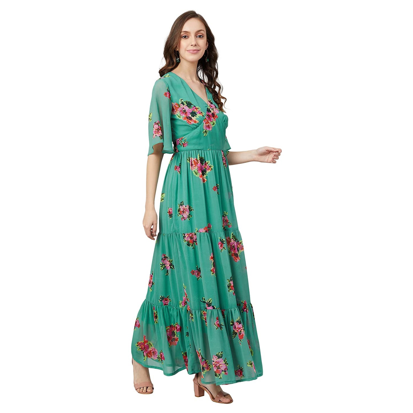 Rare Women'S Georgette Fit And Flare Maxi Casual Dress (Ep6216_Green)
