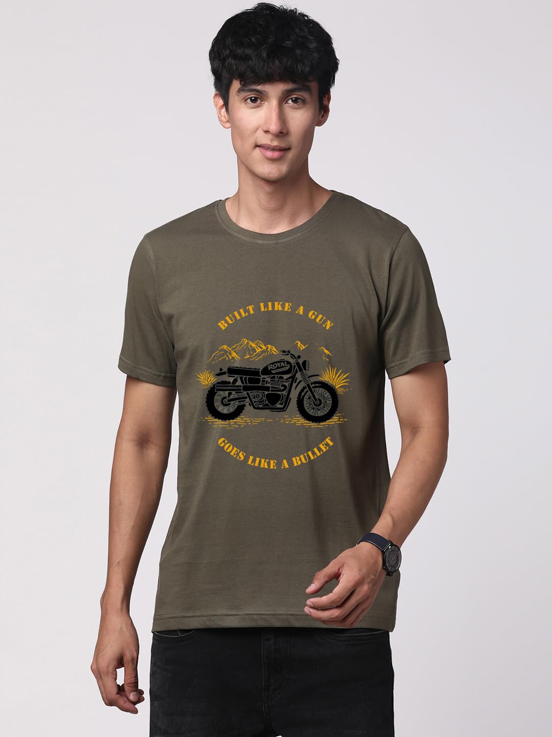 ADRO Men's Royal Bike Design Printed 100% Cotton T-Shirt - Regular Fit, Printed T-Shirts for Men (RN24-RYL-OL_Olive)