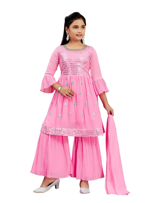 Aarika Girls Ethnic Wear Gajri Colour Sequins Embroidery Georgette Kurti Sharara Set (5-11 Years)