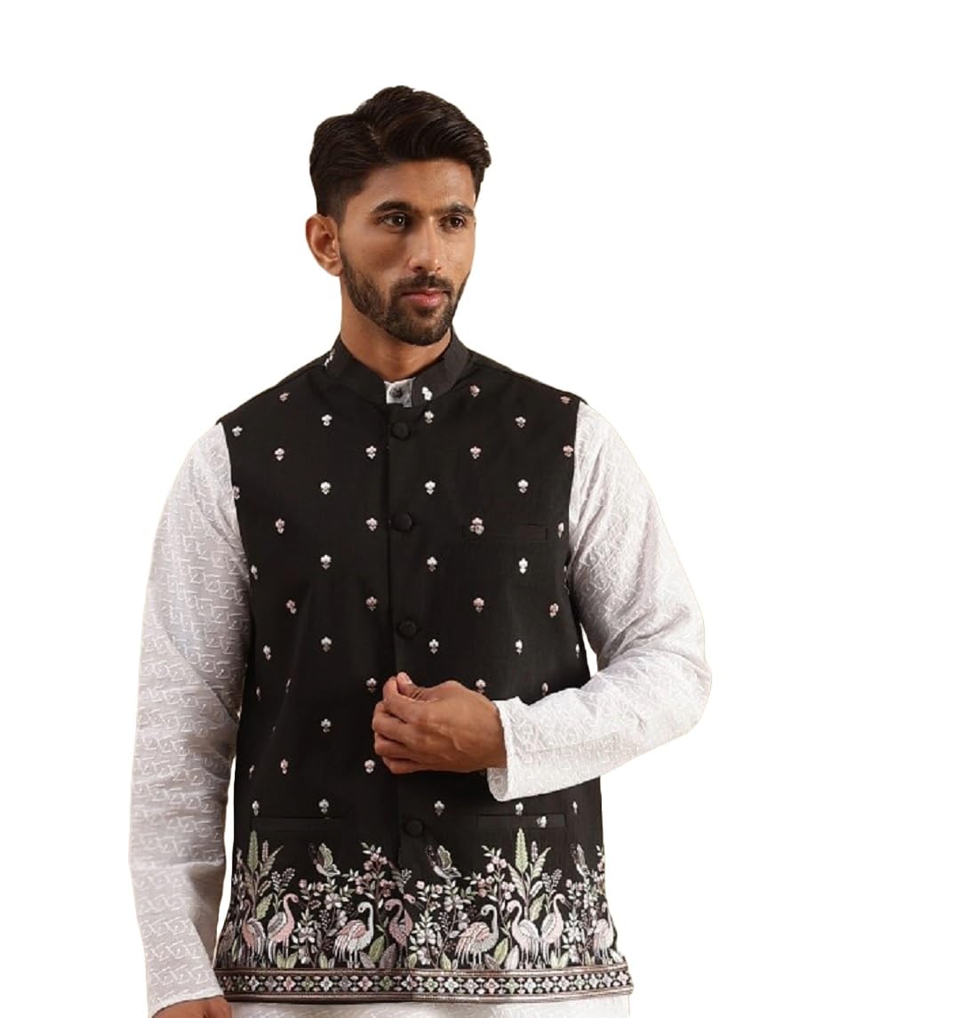 SOJANYA (Since 1958 Men's Silk Blend Exquisite Daman Embroidered Black Nehru Jacket