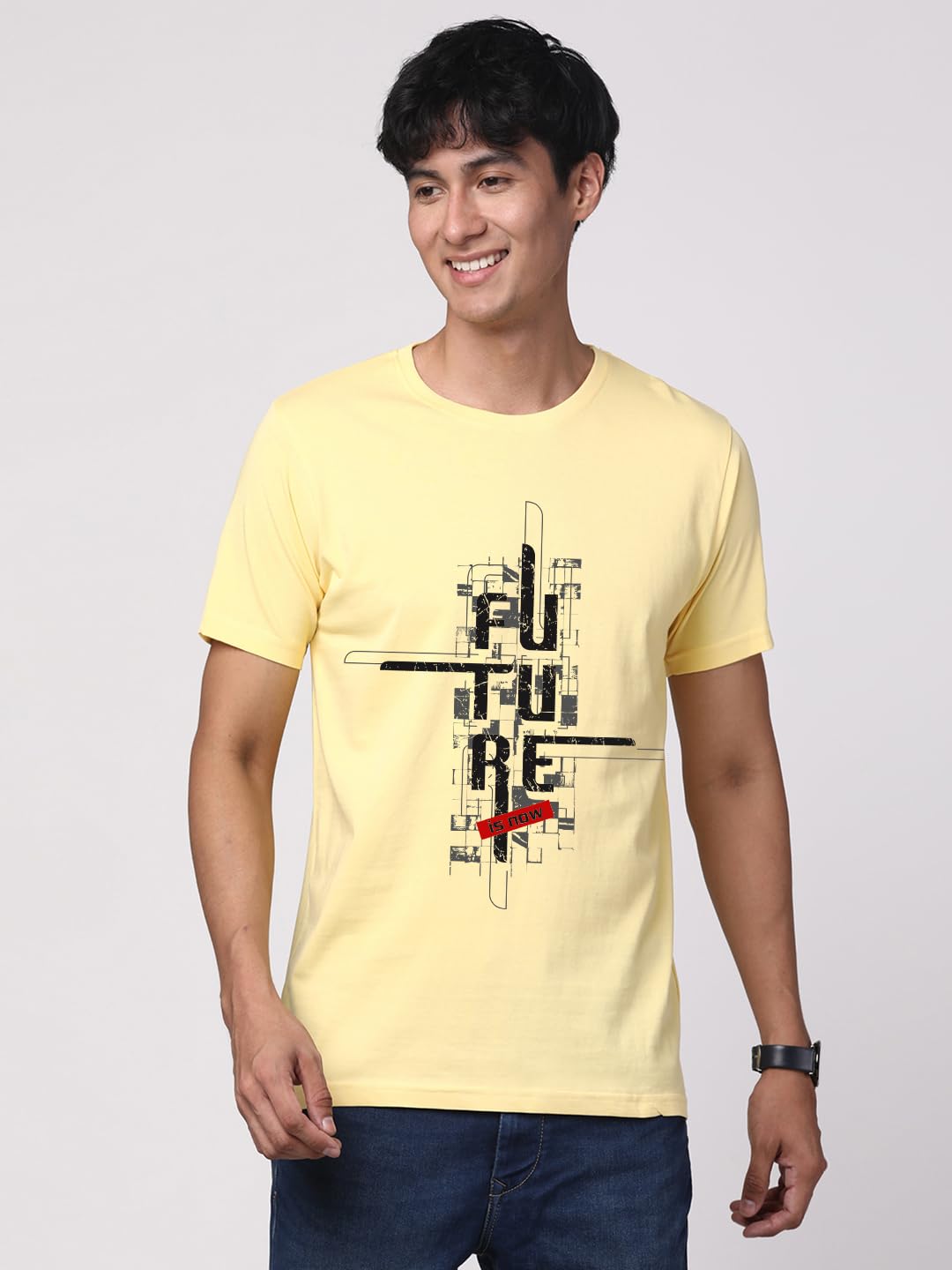 ADRO Men's Graphic Printed 100% Cotton T-Shirt - Regular Fit, Printed T-Shirts for Men (RN24-FTR-LY_Light Yellow)