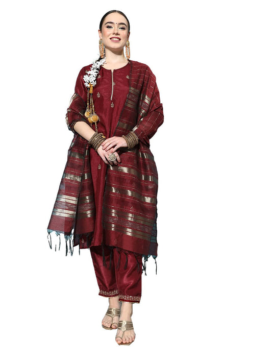 ishin Women's Maroon Embroidered A-Line Kurta with Toruser & Dupatta