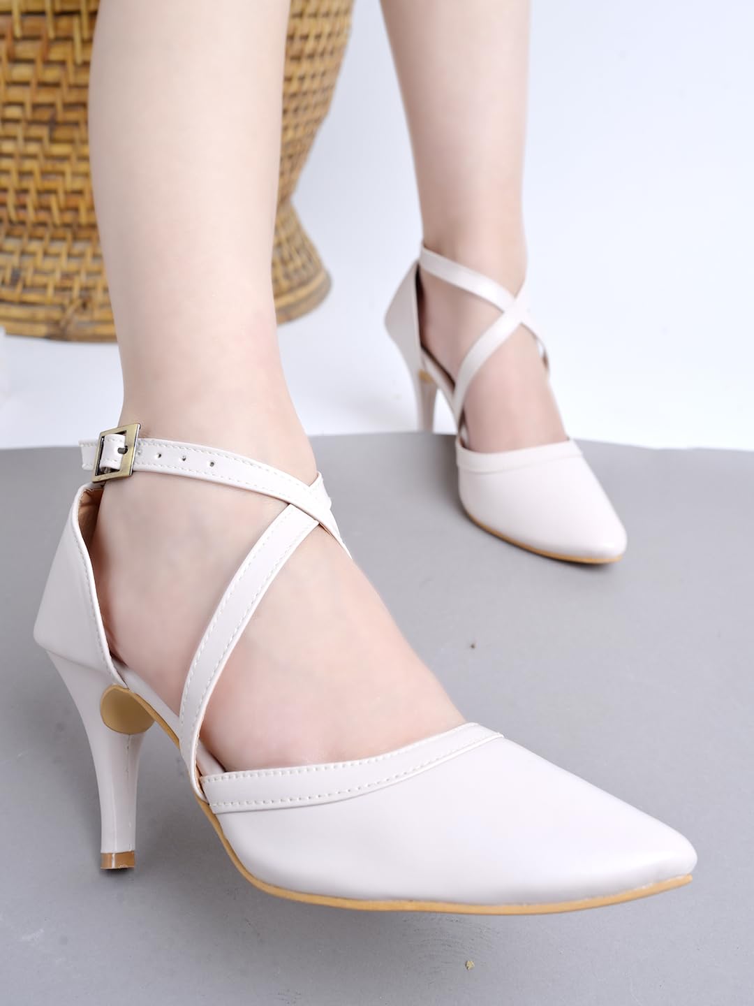 Shoetopia WomenS Cream Patent Leather Heels || Cross Strap Closed Toe Pumps With Buckle || Stylish High Heel Perfect For Office