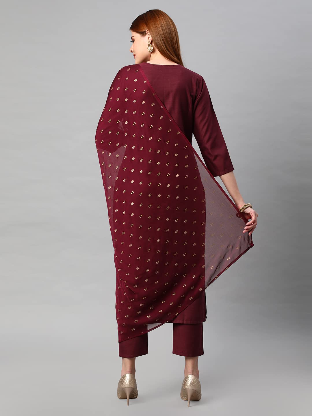 ANNI DESIGNER Women's Cotton Blend Solid Straight Kurta with Pants & Dupatta (Indira-Brown_L_Brown_Large)
