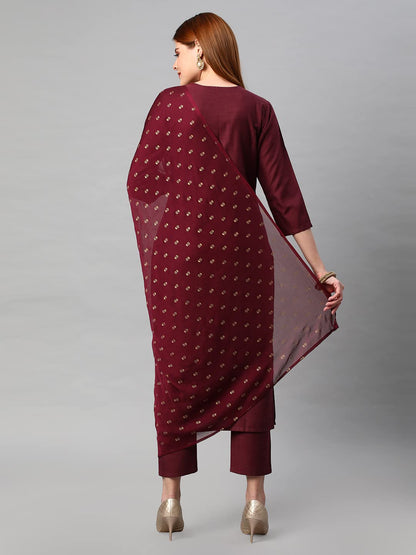 ANNI DESIGNER Women's Cotton Blend Solid Straight Kurta with Pants & Dupatta (Indira-Brown_L_Brown_Large)