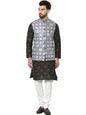 SOJANYA (Since 1958 Men's Silk Blend Printed Black Kurta and White Pyjama with Embroidered Grey Nehru Jacket