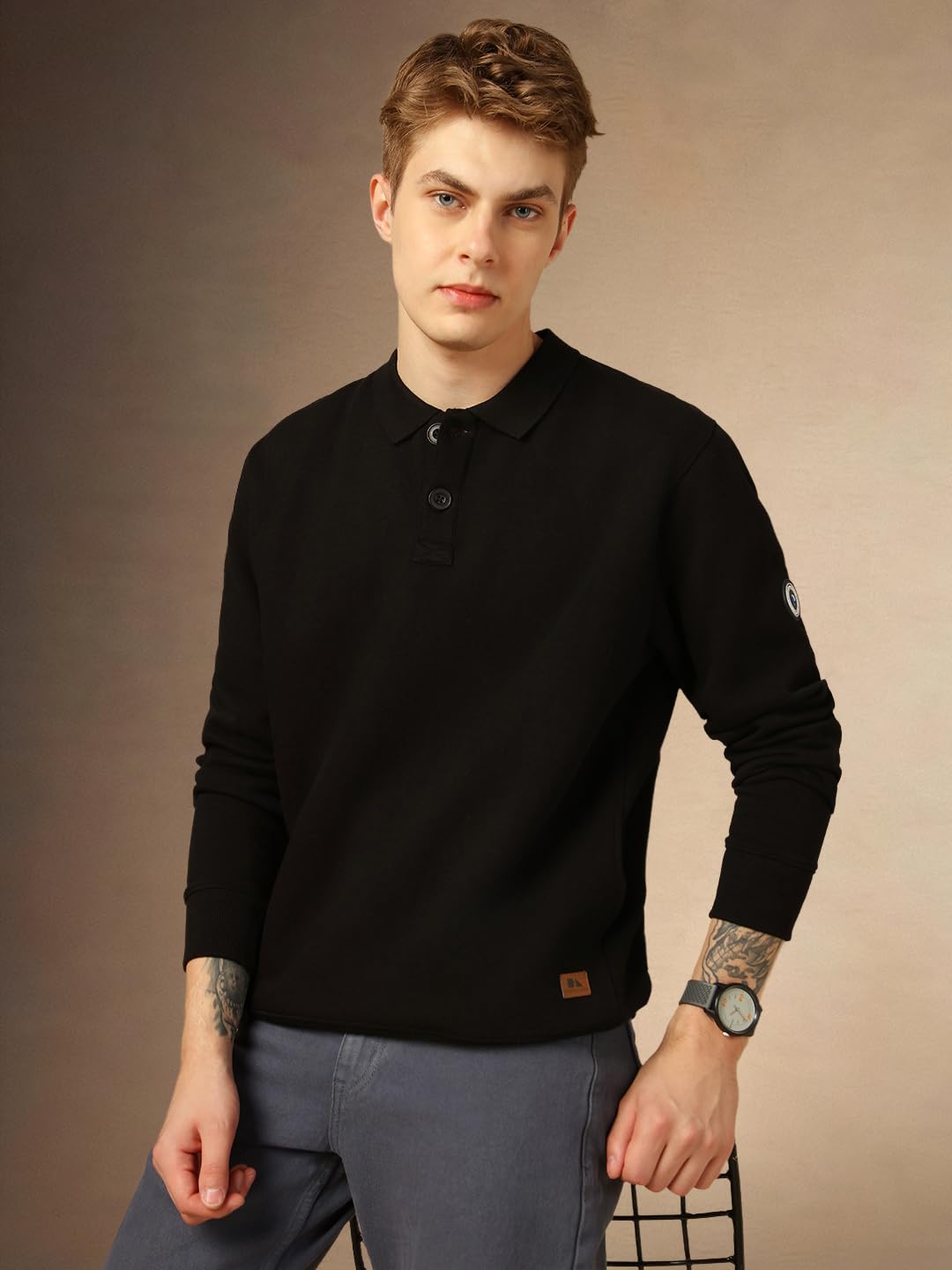 Dennis Lingo Men Regular-Fit Cotton Full-Sleeve Solid Sweatshirt Black