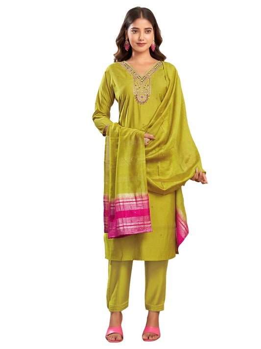 Sanisa Women's Silk Blend Sequins and Embroidery Straight Kurta with Pant and Dupatta Set