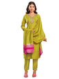 Sanisa Women's Silk Blend Sequins and Embroidery Straight Kurta with Pant and Dupatta Set