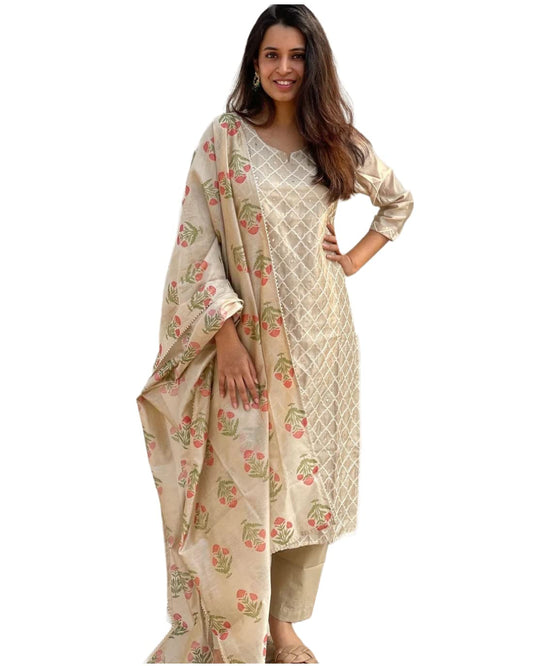 GoSriKi Womens Cotton Blend Embroidered Straight Kurta with Pant & Dupatta (MYSURU-Cream_S-GS_Cream_Small)