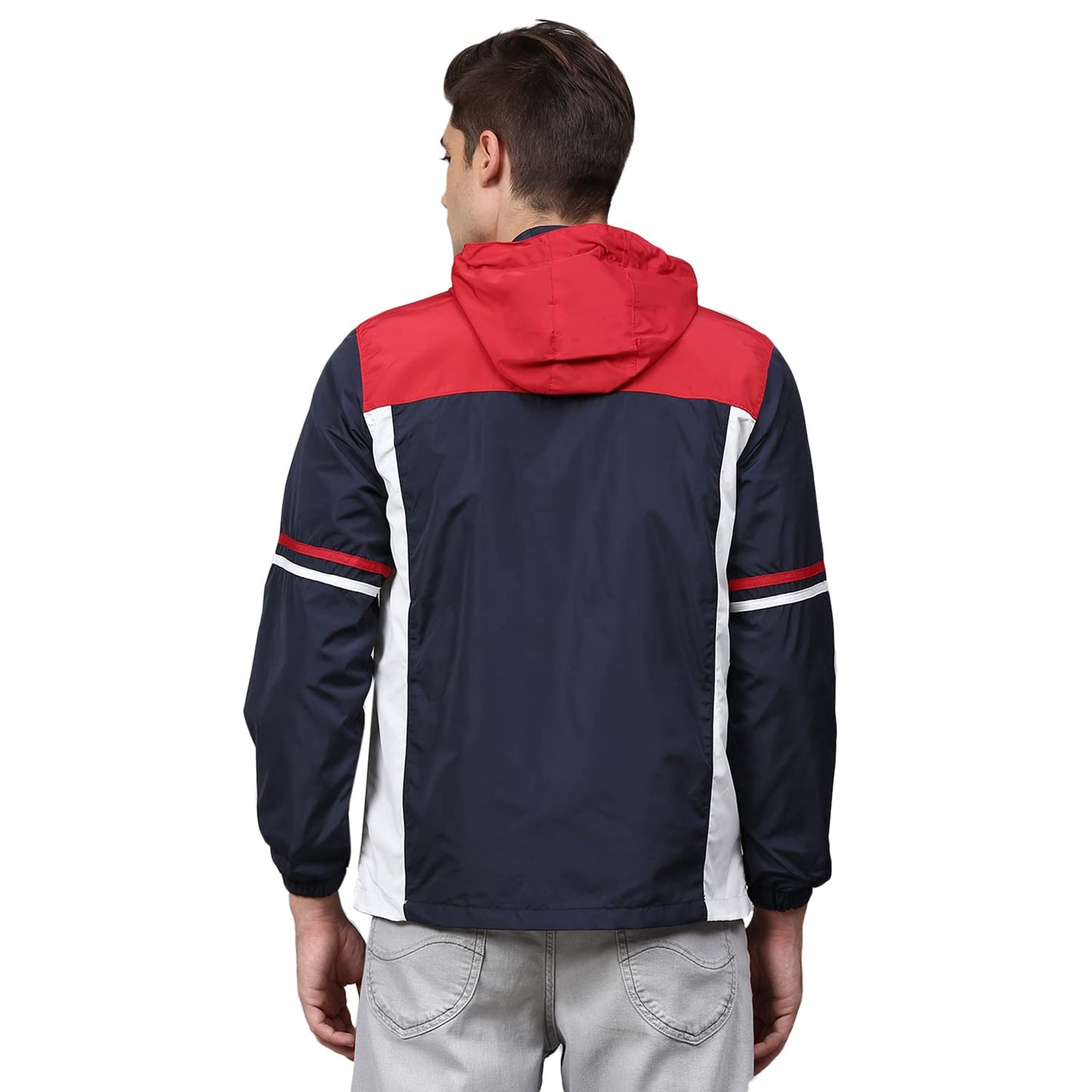 Campus Sutra Men Blue Colourblocked Windcheater Padded Hooded Jacket