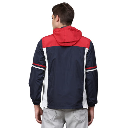 Campus Sutra Men Blue Colourblocked Windcheater Padded Hooded Jacket