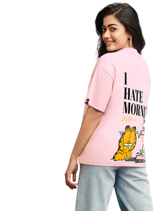Bewakoof Women Cotton Garfield Hates Mornings Graphic Printed - Oversized Fit, Round Neck, Half Sleeves T-Shirt_585774_Pink_L