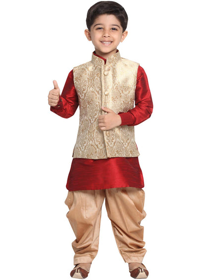 Vastramay Banarasi Brocade Woven Jacquard Nehru/Modi Jacket With Silk Pathani Kurta & Dhoti Pant Set  Traditional Ethnic Wear Fo