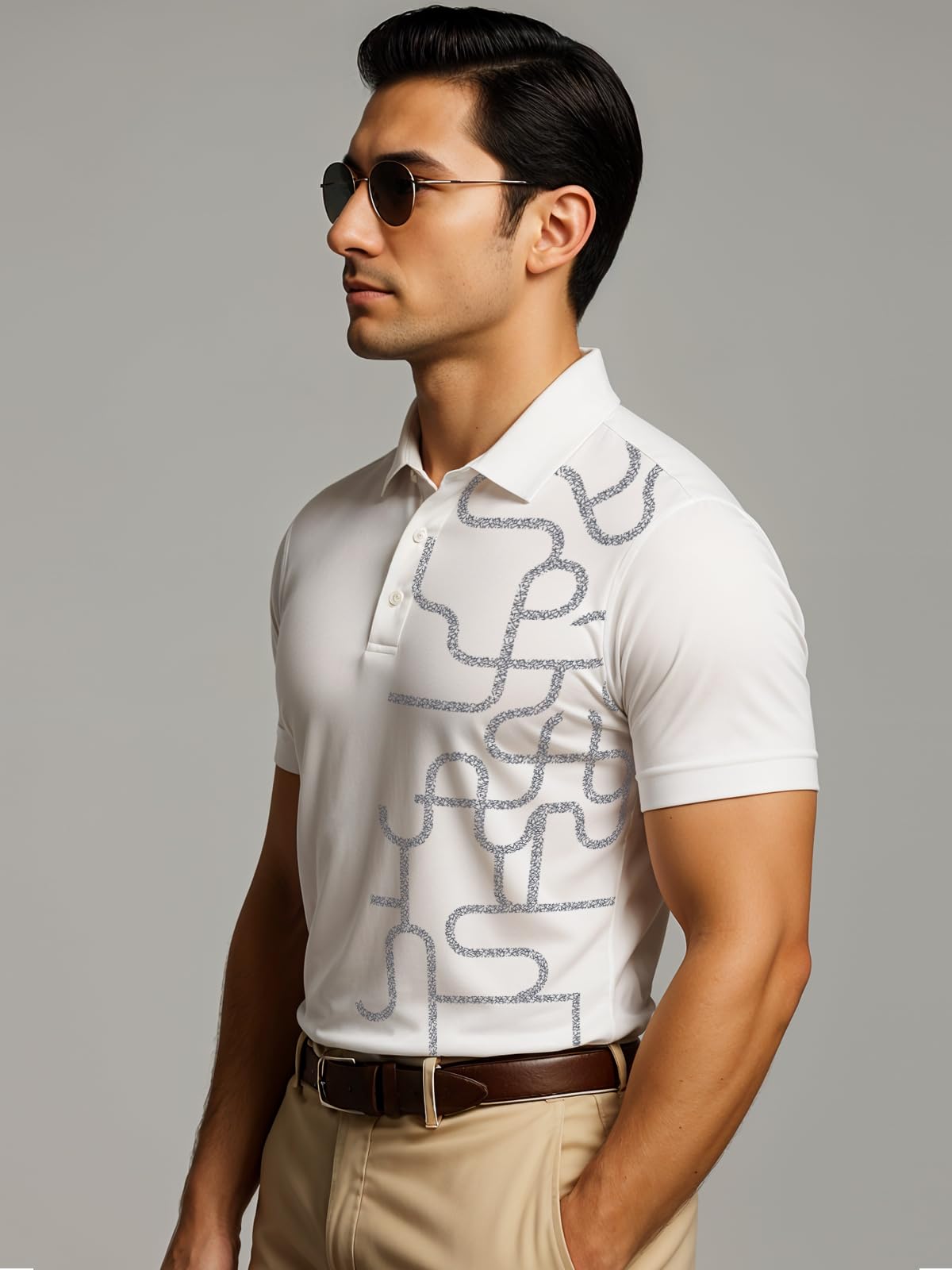 Mens Cotton Printed Polo Tshirt | 220 GSM Interlock Fabric | Slim Fit | Skin-Friendly Ink | Milk White Golf-Inspired Pattern T