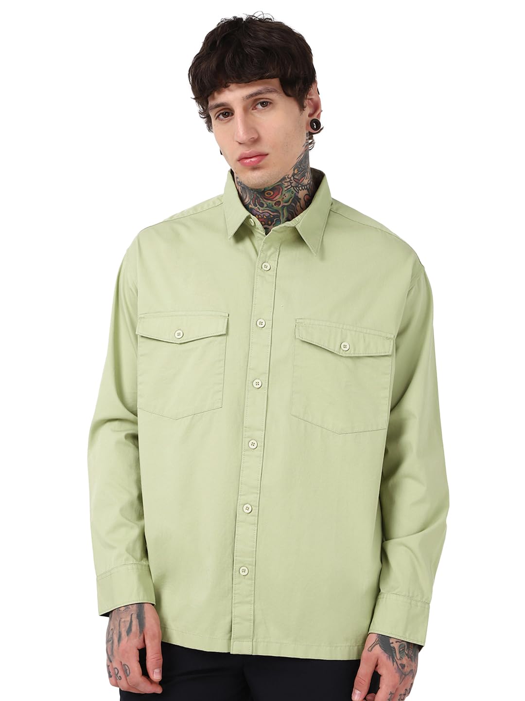 Bewakoof Mens Solid Oversized Fit Full Sleeve Collar Cotton Shirt_662123_Green_XL