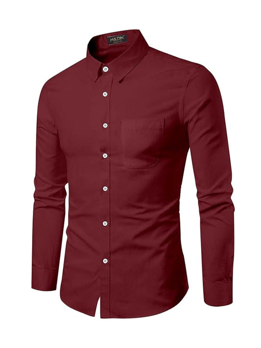 Mildin MenS Regular Cotton Blend Maroon Slim Fit Solid Button Down Spread Collar Full Sleeve Curved Hemline Formal Shirt With O