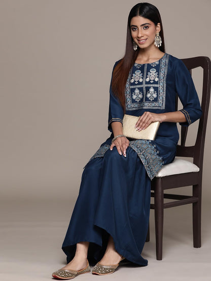 ZIYAA Art Silk Women's Navy Blue Chinon Straight Kurta and Sharara Set