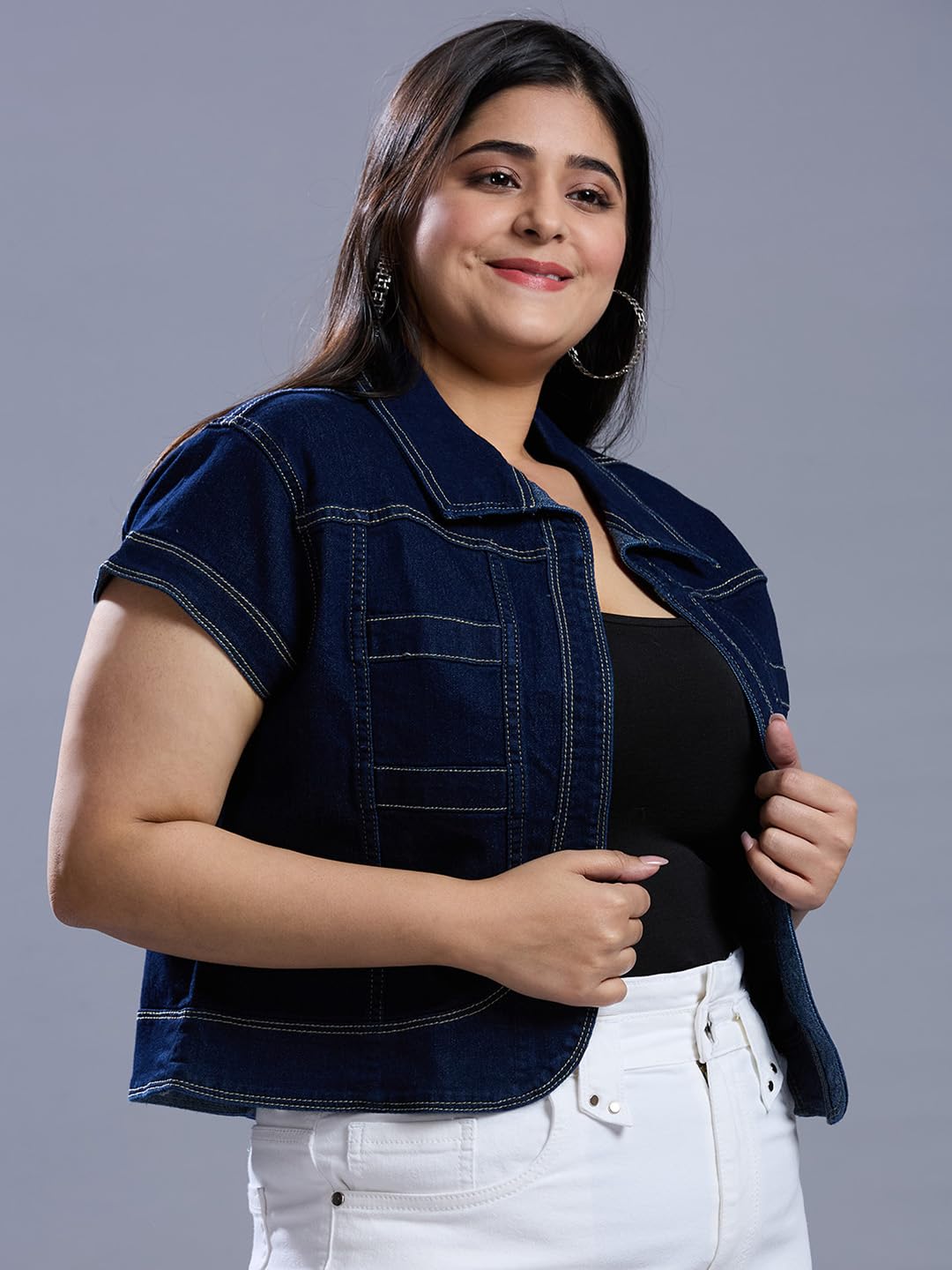 Style Quotient Women Dark Blue Open Front Plus Denim Shrug