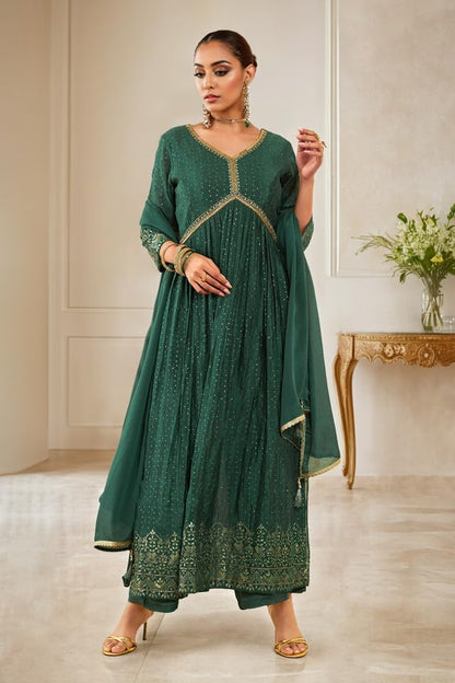 Soch Womens Green Chinon Sequinned Embellished Suit Set With Mirror Work