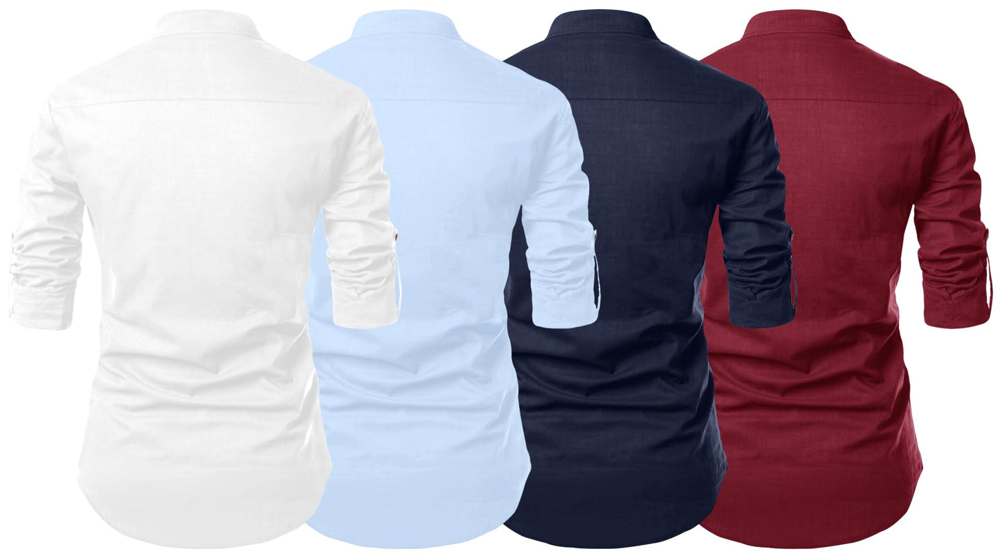 Zombom MenS Cotton Polyester Blend Solid Full Sleeve Regular Fit Kurta Shirt, Multicolor, M, Combo Set Of 4