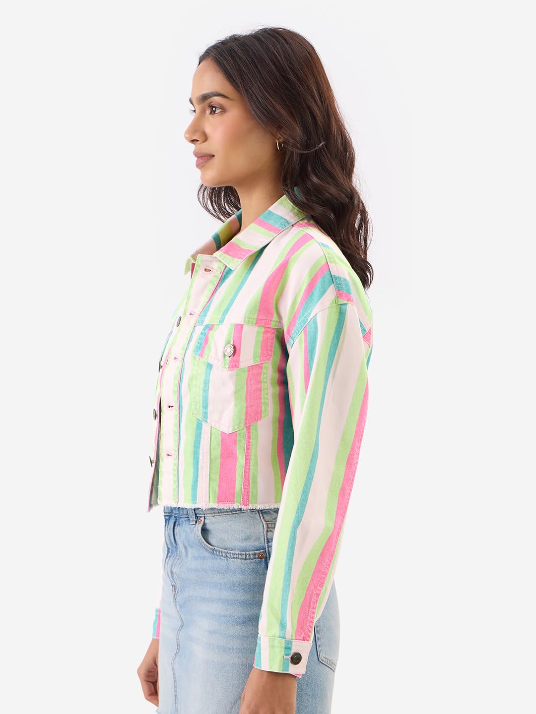 The Souled Store Originals: Blossom Stripes Women and Girls Long Sleeve Zipper Front Oversized Fit Cropped Jackets