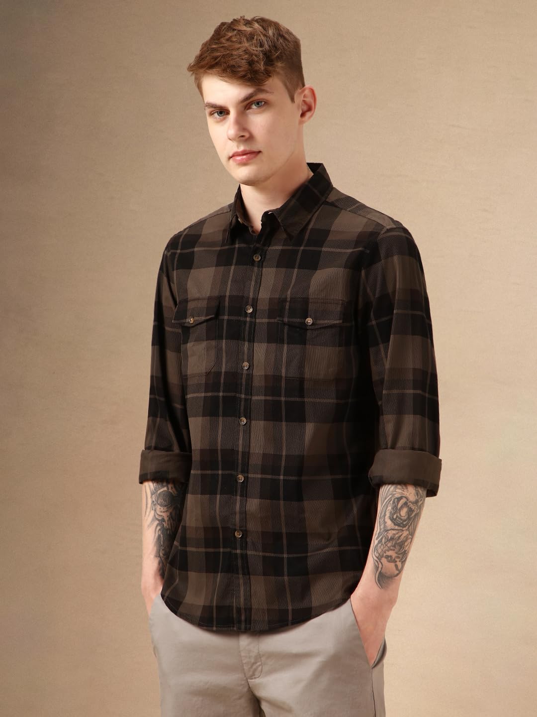 Dennis Lingo Men Brown 100% Cotton Full Sleeve Spread Collar Checks Shirts