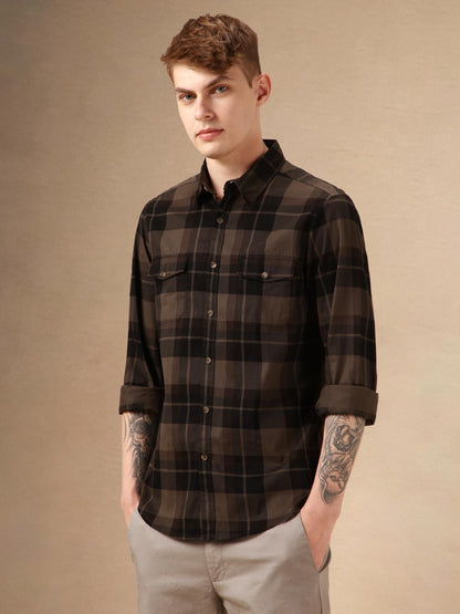 Dennis Lingo Men Brown 100% Cotton Full Sleeve Spread Collar Checks Shirts