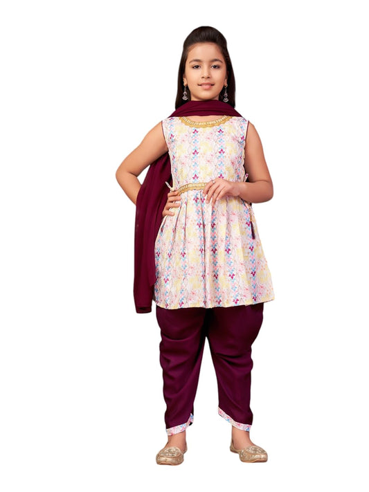 Aarika Girls Ethnic Wear Purple-White Colour Sequin Embroidery Lace Work Polycrepe Kurti Patiala Set With Dupatta-3-13 Years (Pt
