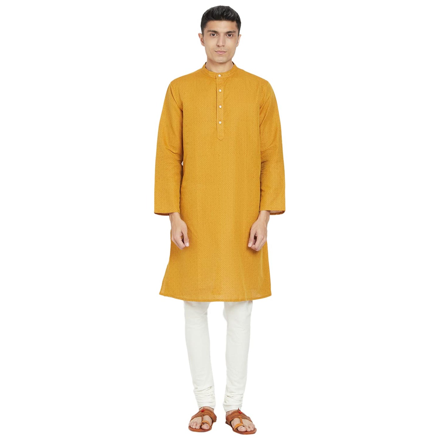 Fabindia MenS Linen Blend Printed Comfort Kurta_Mustard_S