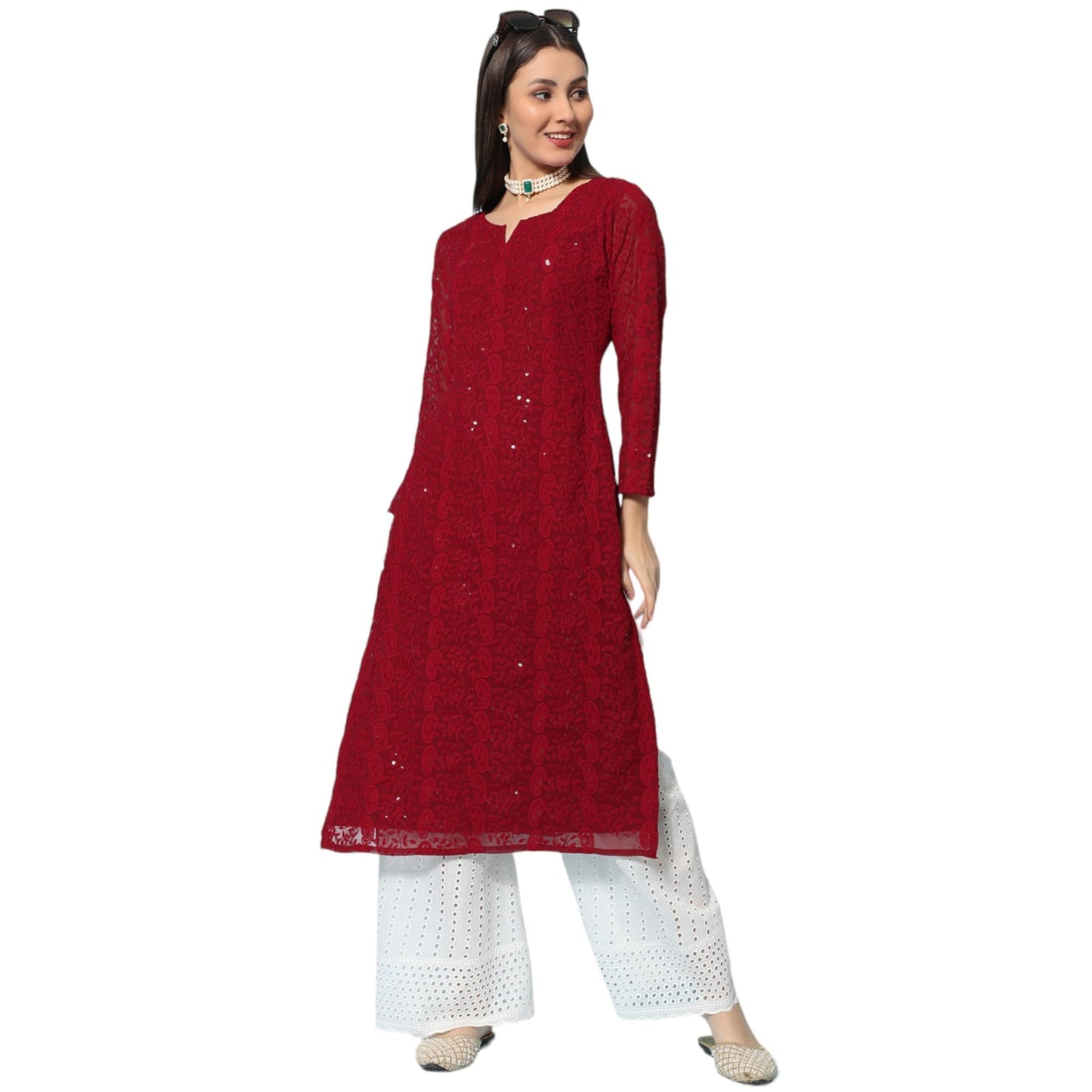 Gufrina WomenS Georgette Straight Kurta Palazzo With Notch Neck 3/4Th Sleeves Solid Pattern Chikankari Work Calf Length And Reg