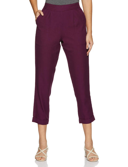 Digital Shopee Women Regular Fit Elastic Waist Full Length Cotton Formal Trouser For Casual Wear, Office Wear Purple