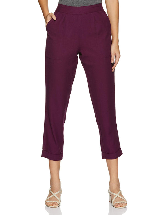 Digital Shopee Women Regular Fit Elastic Waist Full Length Cotton Formal Trouser For Casual Wear, Office Wear Purple
