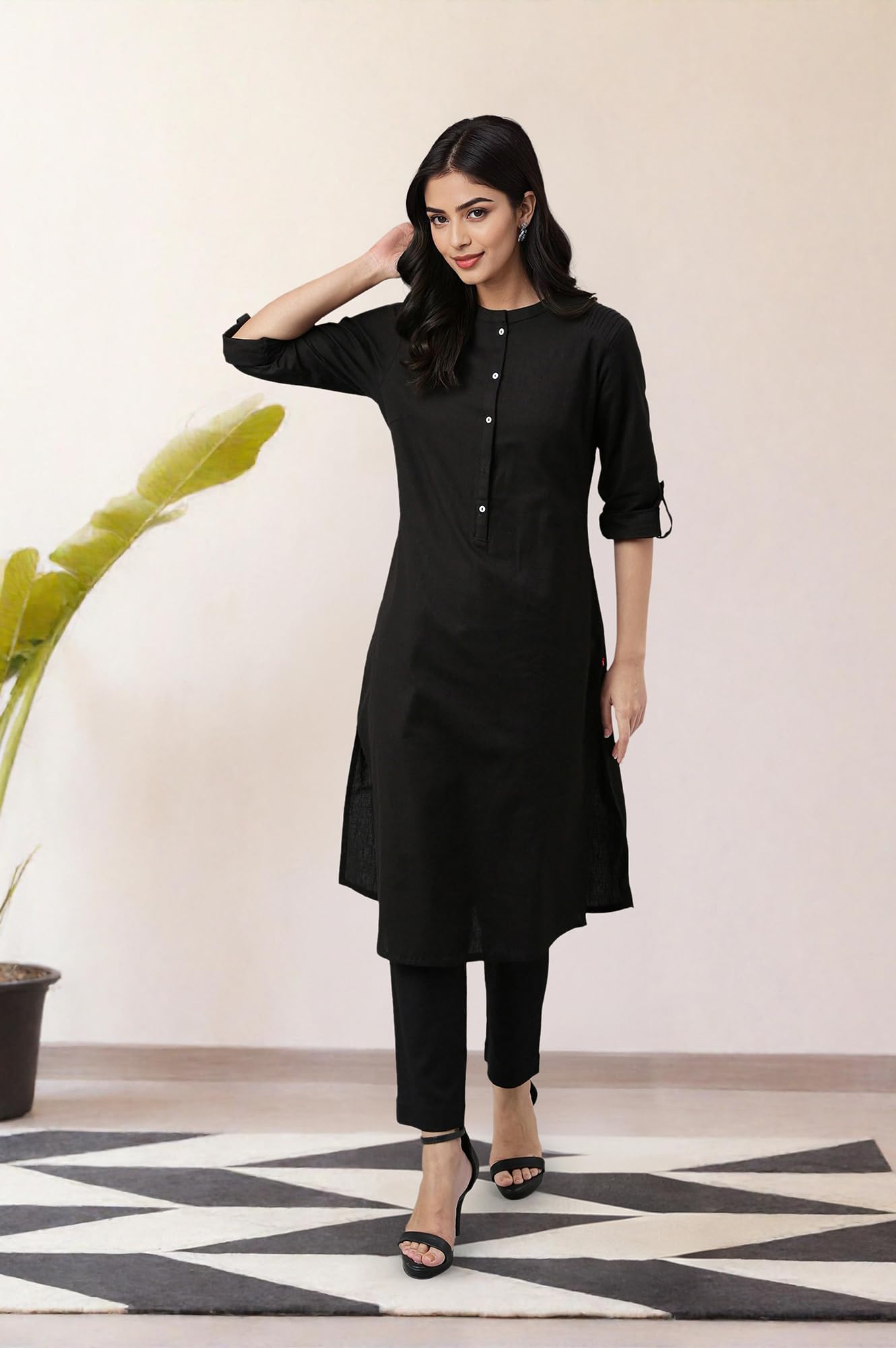 W Black Cotton Blend Solid Straight Long Kurta For Women