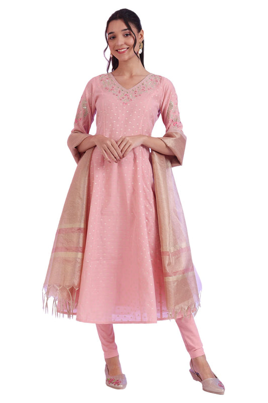 Aurelia Women's Beige Yarn Dyed Flarred Kurta with Leggings & Stole Set