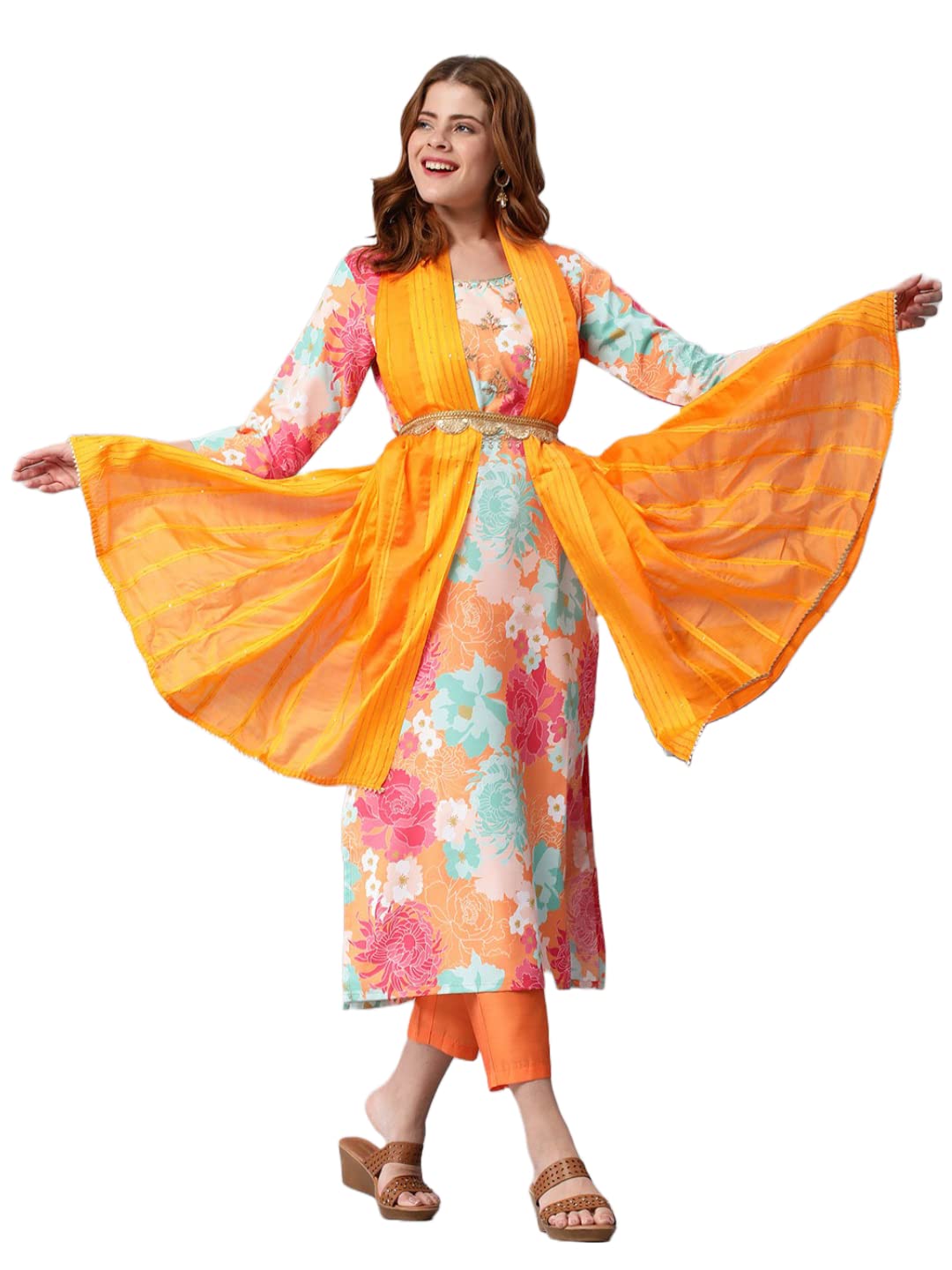 ANNI DESIGNER Women's Cotton Blend Embroidered Floral Printed Straight Kurta with Pant & Dupatta (Litup-Orange-Nw2)