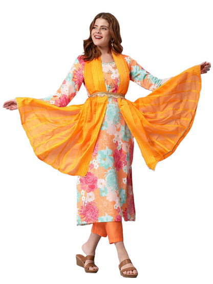 ANNI DESIGNER Women's Cotton Blend Embroidered Floral Printed Straight Kurta with Pant & Dupatta (Litup-Orange-Nw2)
