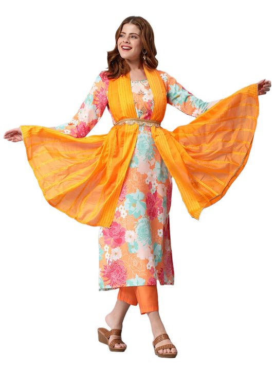 ANNI DESIGNER Women's Cotton Blend Embroidered Floral Printed Straight Kurta with Pant & Dupatta (Litup-Orange-Nw2)
