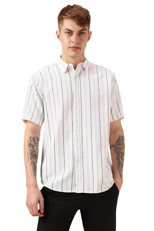 Dennis Lingo Men White Polycotton Dobby Half Sleeve Spread Collar Stripes Shirts